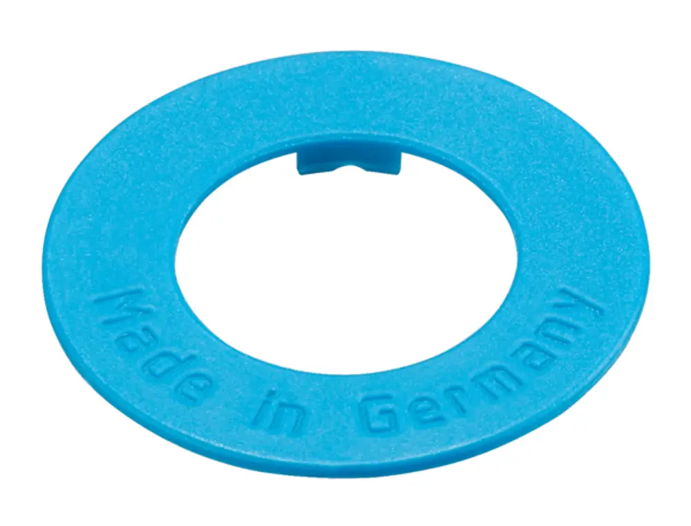 Blauer Kennzeichnungsring von Oventrop, hergestellt in Deutschland, mit einem zentralen Loch und einer flachen Form zur Markierung von Komponenten.